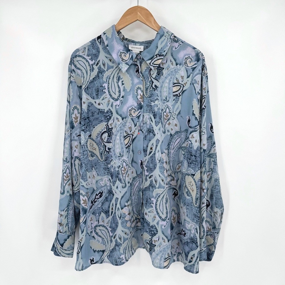 Avenue Blue Paisley Sparkle Long Sleeve Blouse Women's Sz‎ 26/28